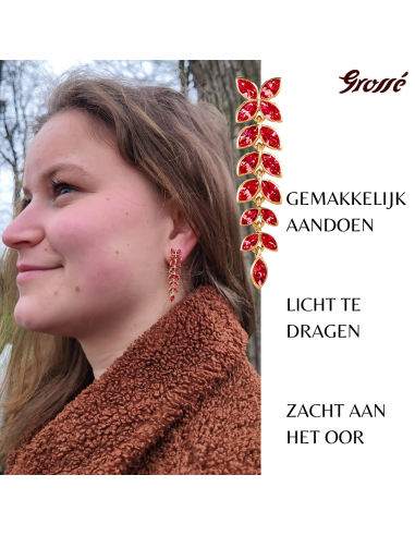 Grossé Oorclips - Hangend - Goudkleurig - Kristal - Rood - 40x10mm - Verguld - GA61549