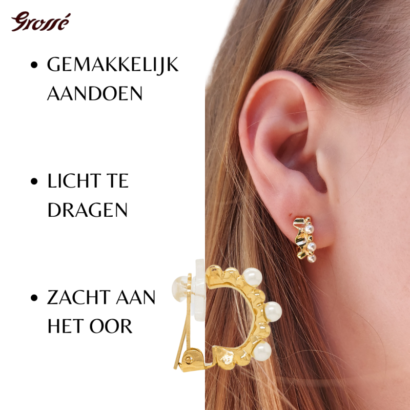 Grossé Oorclips - Ruffle Pearl - 22kt Verguld - Parels - Wit - 16x7 mm - GA61456