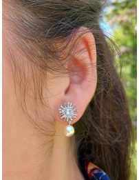 Grossé Clip-on Earrings - Pendants - Silver Coloured - Pearl - White - Crystals - 20x10 mm - Platinum Plated