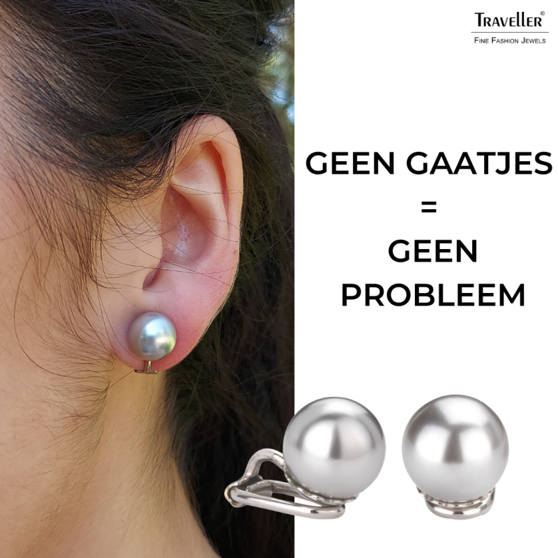 Traveller Clip Oorbellen - Parels - 10 mm - Licht Grijs - Geplatineerd - Zilverkleurig - 15x10 mm - 710110