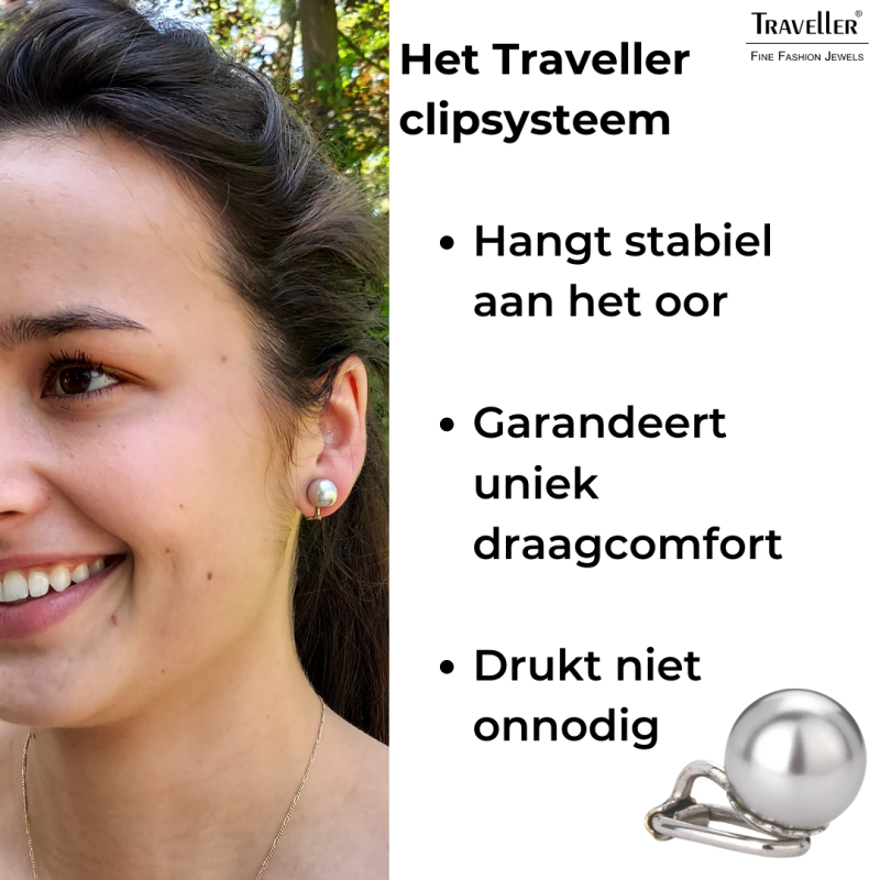 Traveller Clip Oorbellen - Parels - 10 mm - Licht Grijs - Geplatineerd - Zilverkleurig - 15x10 mm