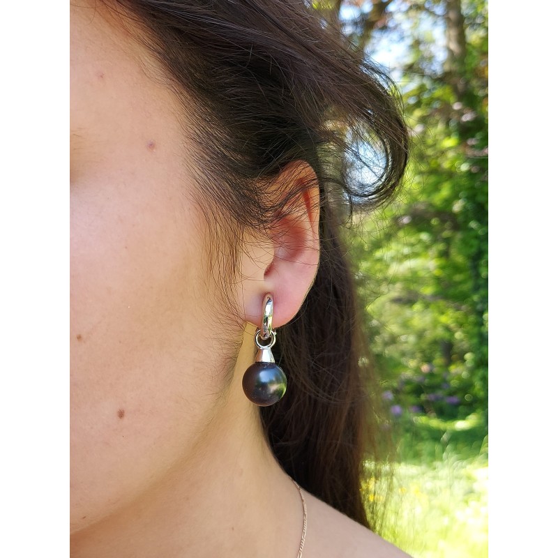 Traveller Drop Clip Earrings - Silver Coloured - Pearls - 14mm - Black - Platinum Plated - 35x15mm