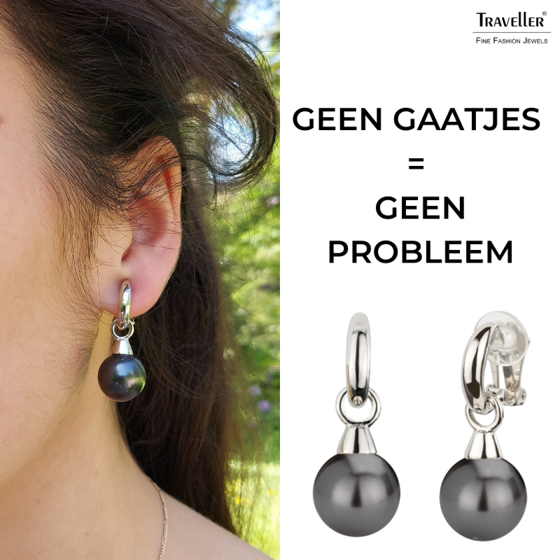 Traveller Clip Oorbellen - Hangers - Zilverkleurig - Parels - 14mm - Zwart - Geplatineerd - 35x15mm - 114247