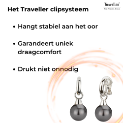 Traveller Clip Oorbellen - Hangers - Zilverkleurig - Parels - 14mm - Zwart - Geplatineerd - 35x15mm