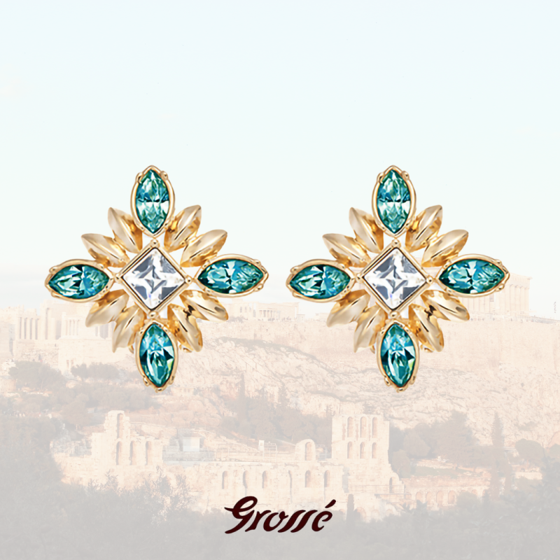 Grossé Ohrclips - Athene - Goldfarbe - Rhinestone - Türkis - 20x20 mm - Vergoldet - GA61453
