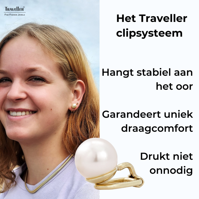 Traveller Clip Oorbellen - Parel - 10 mm - Crème - Verguld 22ct