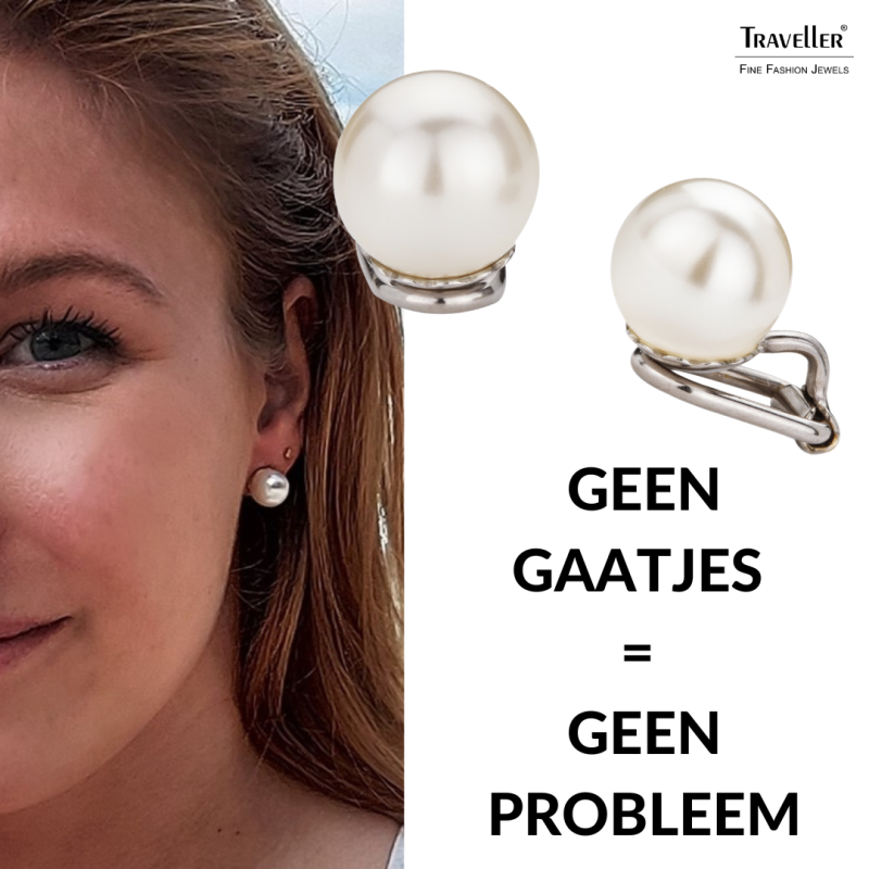 Traveller Clip Oorbellen - Parels - 10 mm - Crème - Geplatineerd - Zilverkleurig - 15x10 mm
