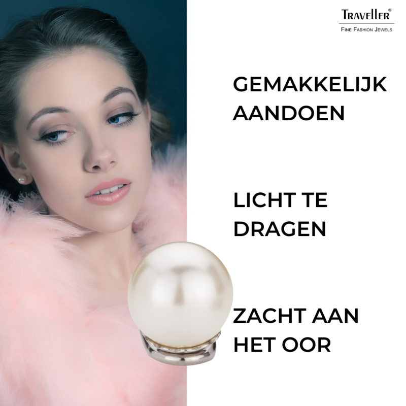 Traveller Clip Oorbellen - Parels - 10 mm - Crème - Geplatineerd - Zilverkleurig - 15x10 mm - 714110