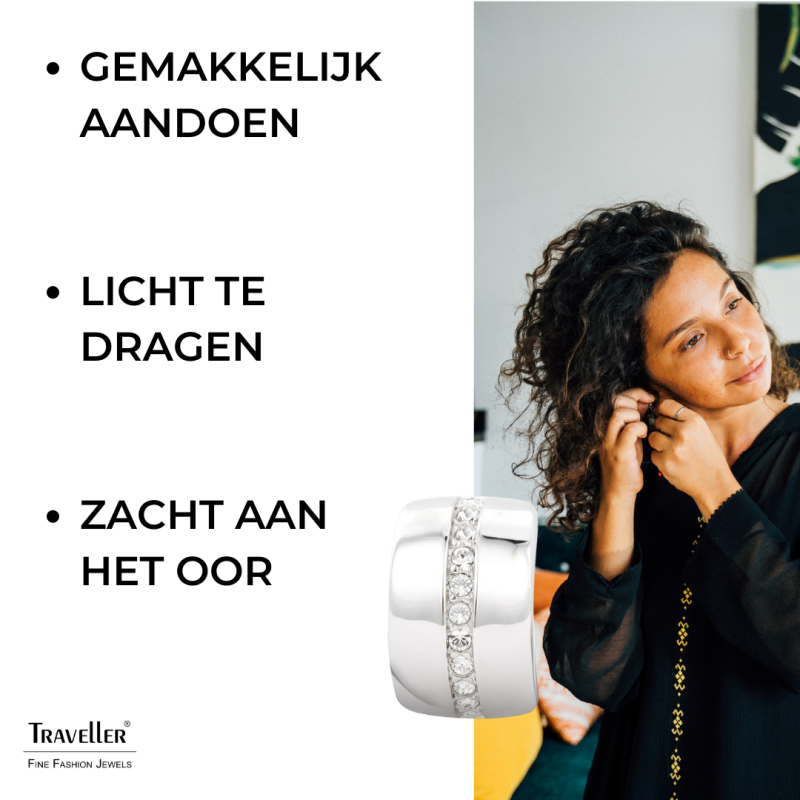 Traveller Oorbellen zonder Gaatjes - Geplatineerd - Preciosa Kristallen - Zilverkleurig - 16x10 mm