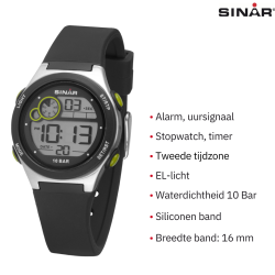 Sinar - Horloge Waterdicht - Digitaal - Verstelbaar (13.5-19 cm) - Zwart / Zilver XF-68-1