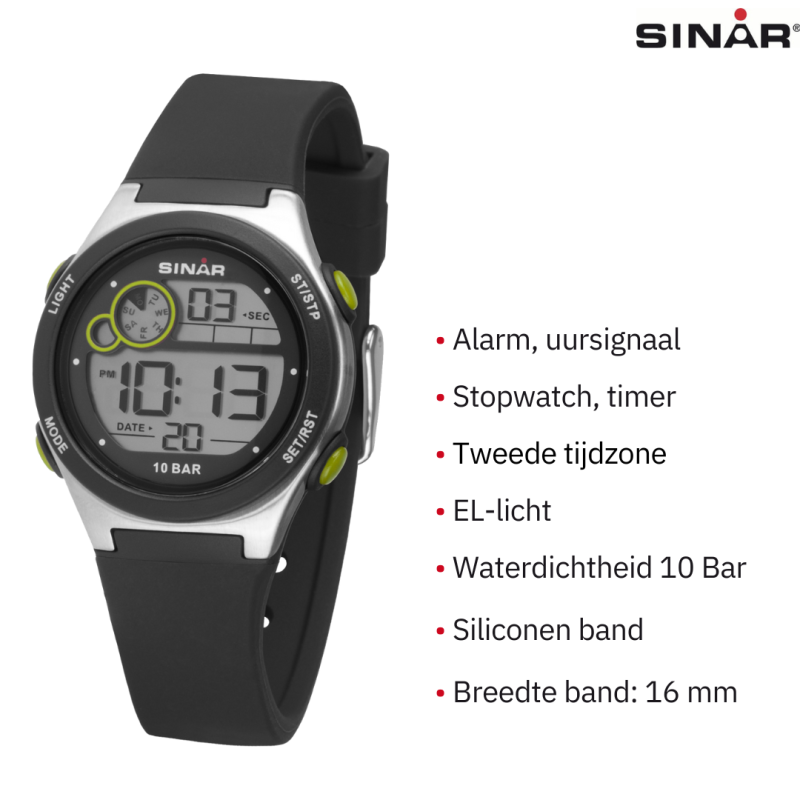 Sinar - Horloge Waterdicht - Digitaal - Verstelbaar (13.5-19 cm) - Zwart / Zilver XF 68-1