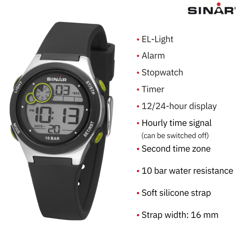 Sinar Watch - Digital - Black / Silver - 10 Bar - Adjustable Strap 13.5-19 cm