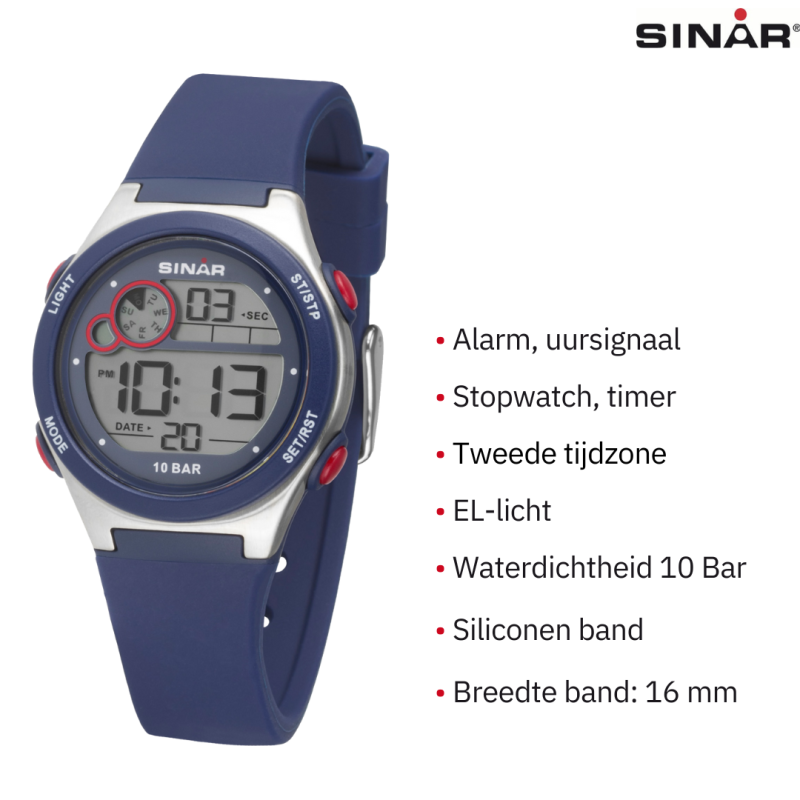 Sinar - Horloge Waterdicht - Digitaal - Verstelbaar (13.5-19 cm) - Blauw / Zilver - XF 68-2