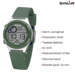Sinar - Horloge Waterdicht - Digitaal - Verstelbaar (13.5-19 cm) - Groen / Zilver - XF 68-3
