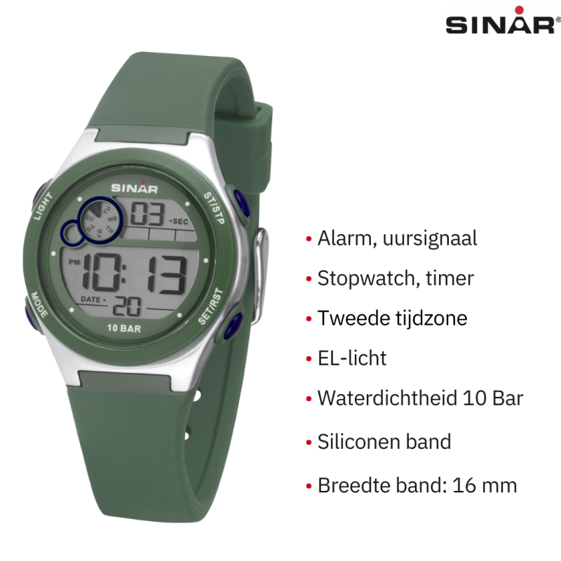 Sinar - Horloge Waterdicht - Digitaal - Verstelbaar (13.5-19 cm) - Groen / Zilver - XF 68-3