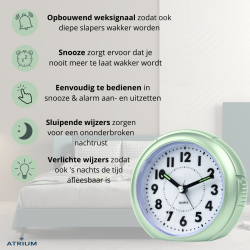 Atrium Wekker - Analoog - Mintgroen - Zonde tikgeluid - Snooze - Quartz