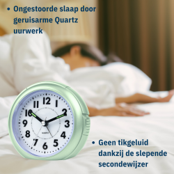 Atrium Wekker - Analoog - Mint Groen - Zonder tikgeluid - Snooze - Quartz