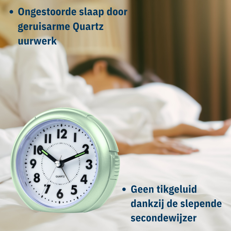Atrium Wekker - Analoog - Mintgroen - Zonde tikgeluid - Snooze - Quartz