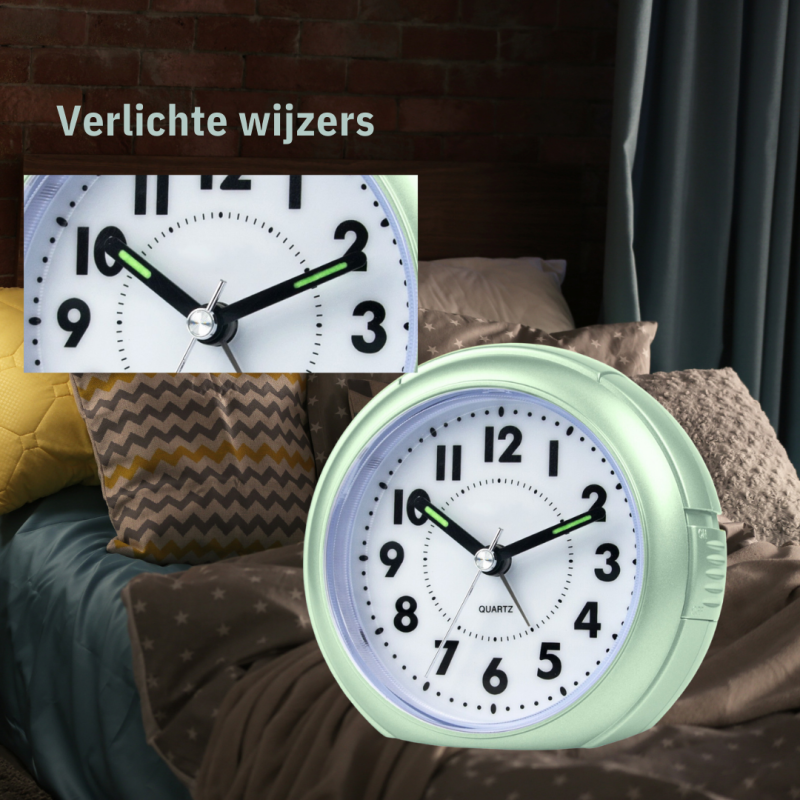Atrium Wekker - Analoog - Mintgroen - Zonde tikgeluid - Snooze - Quartz