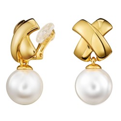 Traveller Clip-on Earrings - Drop Earrings - Pearls - 14mm - White - Cross - 22ct Gold plated - 32x16mm