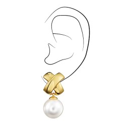 Traveller Clip-on Earrings - Drop Earrings - Pearls - 14mm - White - Cross - 22ct Gold plated - 32x16mm