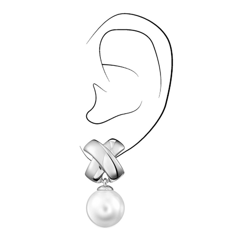 Traveller Ohrclip - Hänger - Perle - 14mm - Weiss - Kreuz - Silberfarbe - Platiniert - 32x16 mm