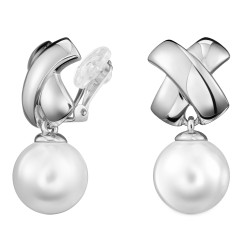 Traveller Clip Oorbellen - Hangers - Parels - 14mm - Wit - Kruis - Zilverkleurig - Geplatineerd - 32x16 mm