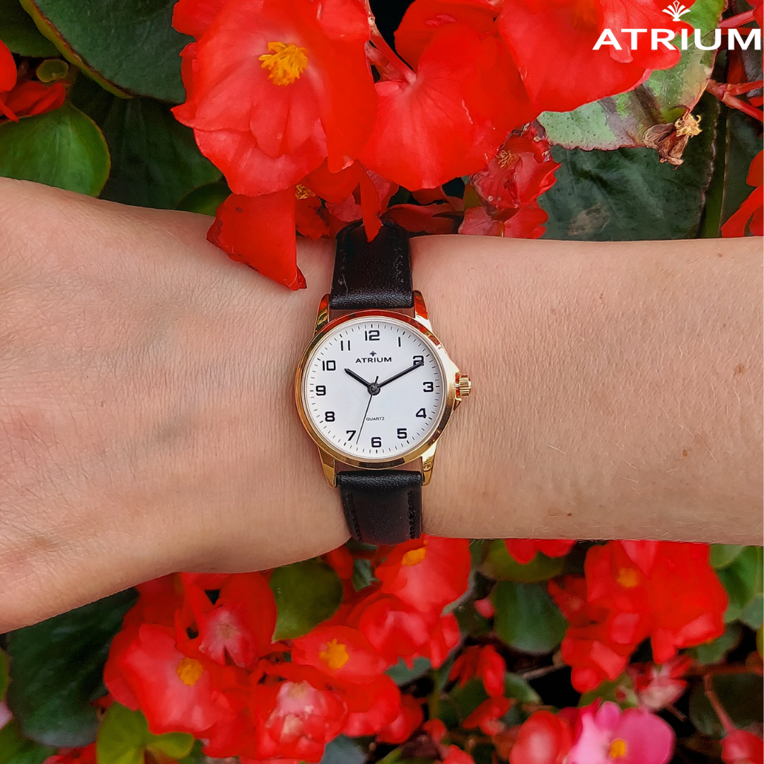 ATRIUM - Ladies - - Black A37-20 Watch Goldtoned - leather