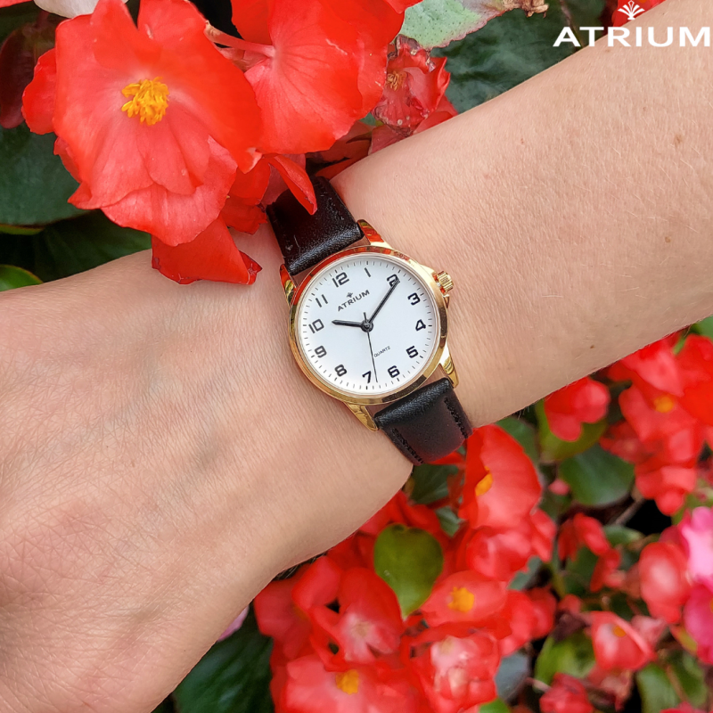 ATRIUM Watch - Women - Gold Coloured - Analogue - Black Leather Strap - Clear White Dial - 27 mm