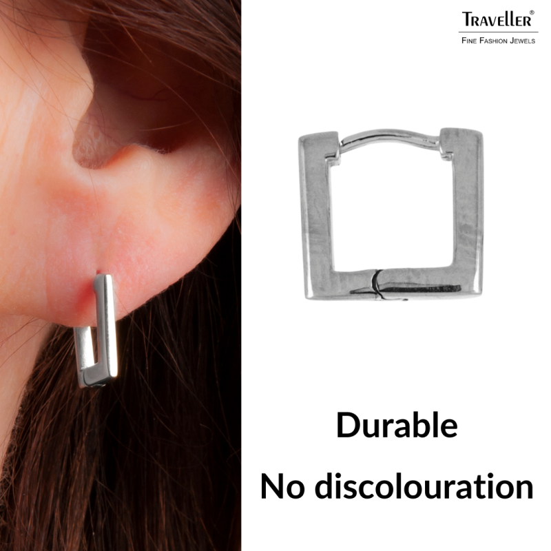 Traveller Hoop Earrings - Stainless Steel - Silver Coloured - Rectangle - 12 mm