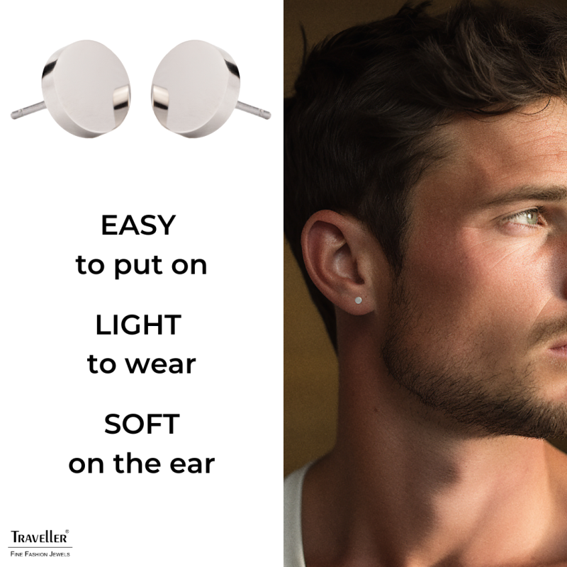 Traveller Stud Earrings - Men - Stainless Steel - Shiny - Ø 8mm - Silver Coloured - 181248