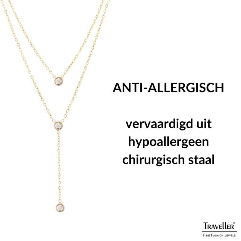 Traveller Dames Ketting - Edelstaal - Verguld - Zirkonia - 2 Rijen - 38-42cm - 181238