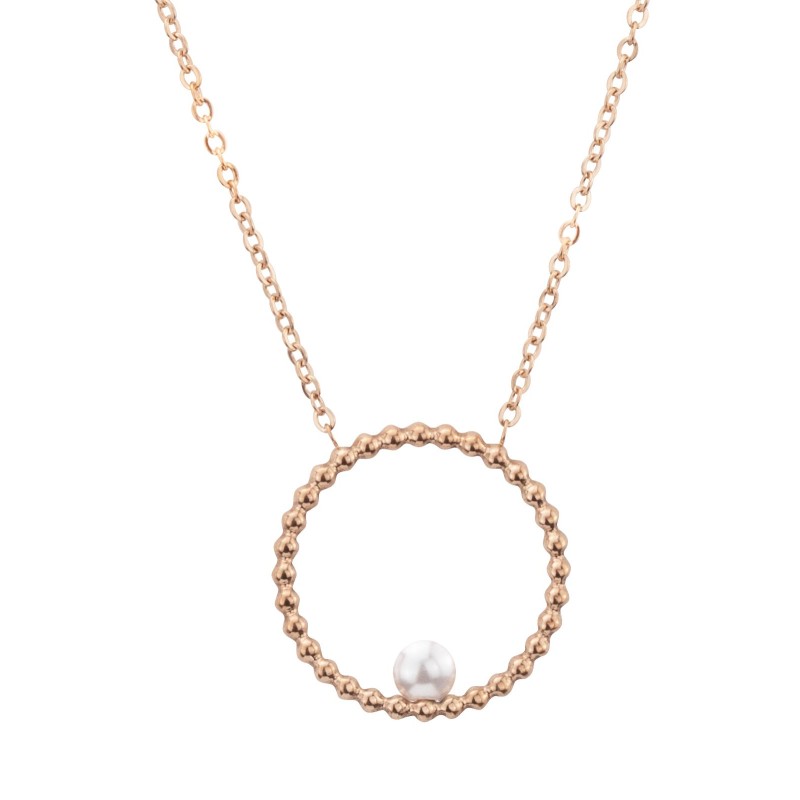 Traveller Ketting - Edelstaal - Rosé Verguld - Zoetwater Parel - 4mm - Hanger 25 mm - 45+5cm - 181237