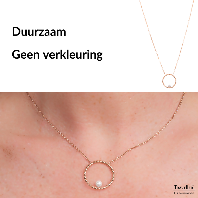 Traveller Dames Ketting - Edelstaal - Rosé Verguld - Zoetwater Parel - 4mm - Hanger 25 mm - 45+5cm