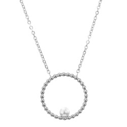 Traveller Dames Ketting - Edelstaal - Zilverkleurig - Zoetwater Parel - 4 mm - Hanger 25 mm - 45+5 cm