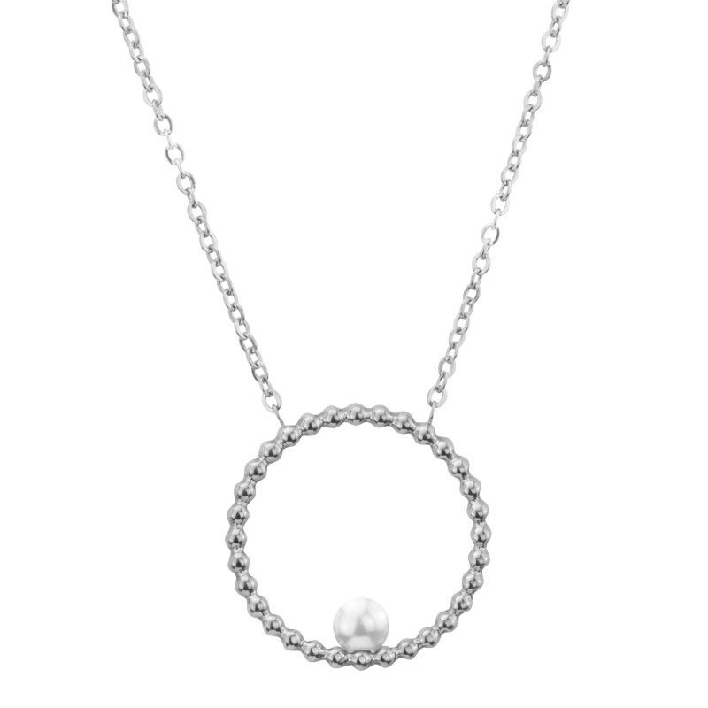 Traveller Collier - Edelstahl - Silberfarben - Süßwasser Perle - 4 mm - Anhänger 25mm - 45+5 cm - 181236