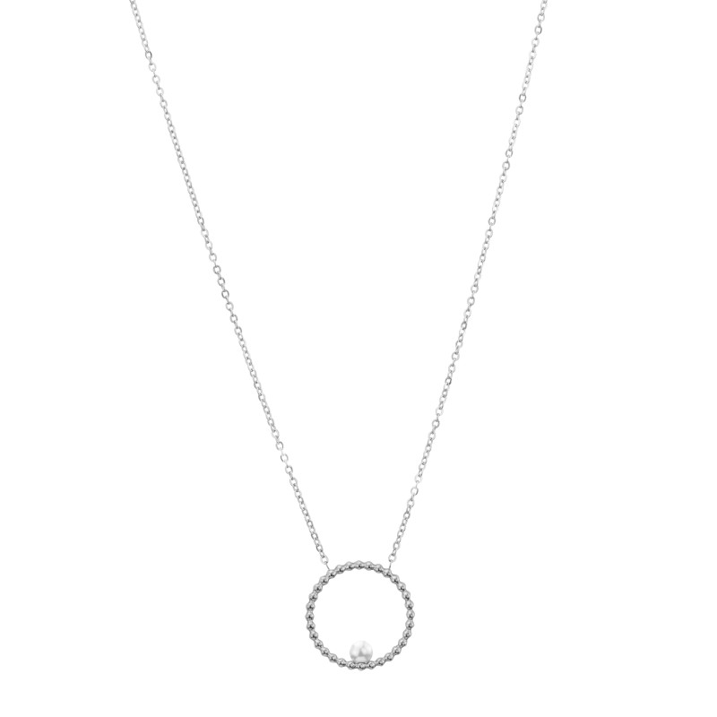 Traveller Collier - Edelstahl - Silberfarben - Süßwasser Perle - 4 mm - Anhänger 25mm - 45+5 cm