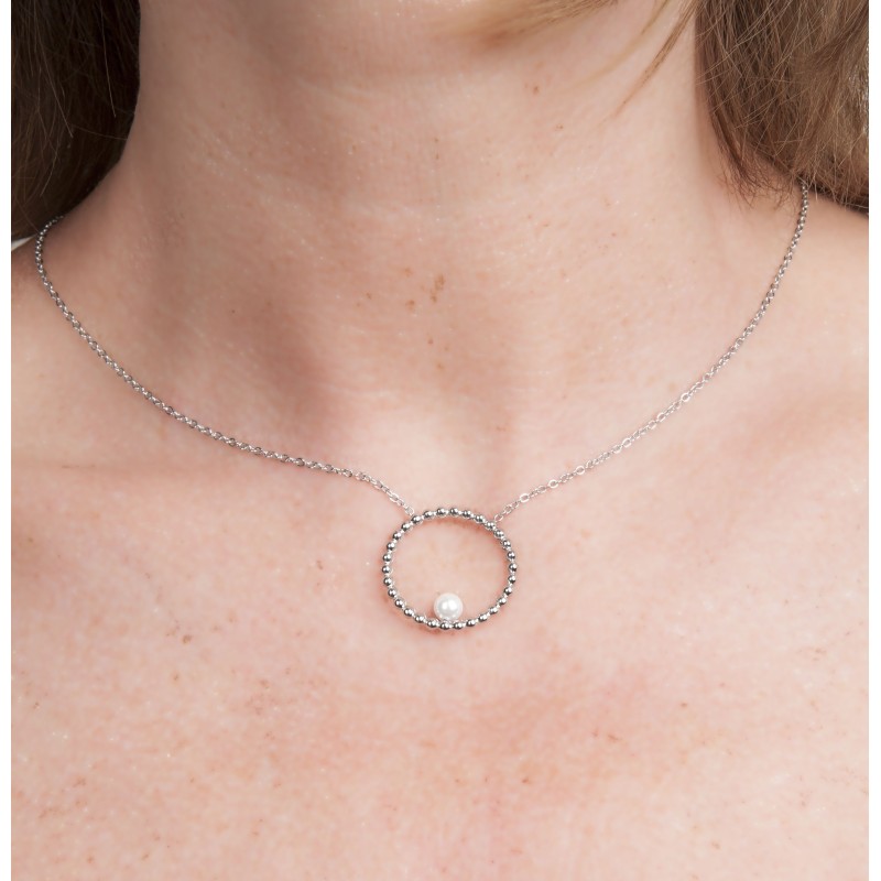 Traveller Necklace - Stainless Steel - Silver Coloured - Freshwater Pearl - 4 mm - Pendant 25 mm - 45+5 cm