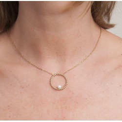 Traveller Dames Ketting - Edelstaal - Verguld - Zoetwater Parel - 4 mm - Hanger 25 mm - 45+5 cm