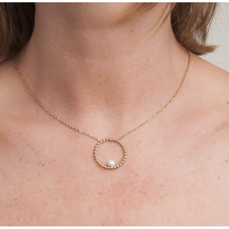 Traveller Necklace - Stainless Steel - Gold Plated - Freshwater Pearl - 4 mm - Pendant 25 mm - 45+5 cm - 181235