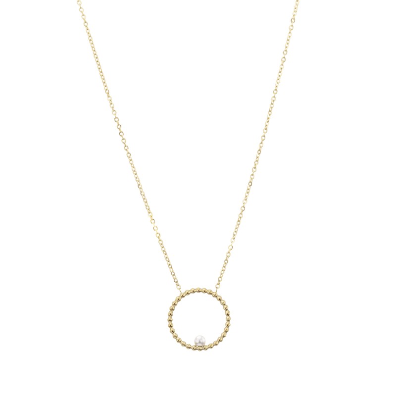 Traveller Dames Ketting - Edelstaal - Verguld - Zoetwater Parel - 4 mm - Hanger 25 mm - 45+5 cm - 181235