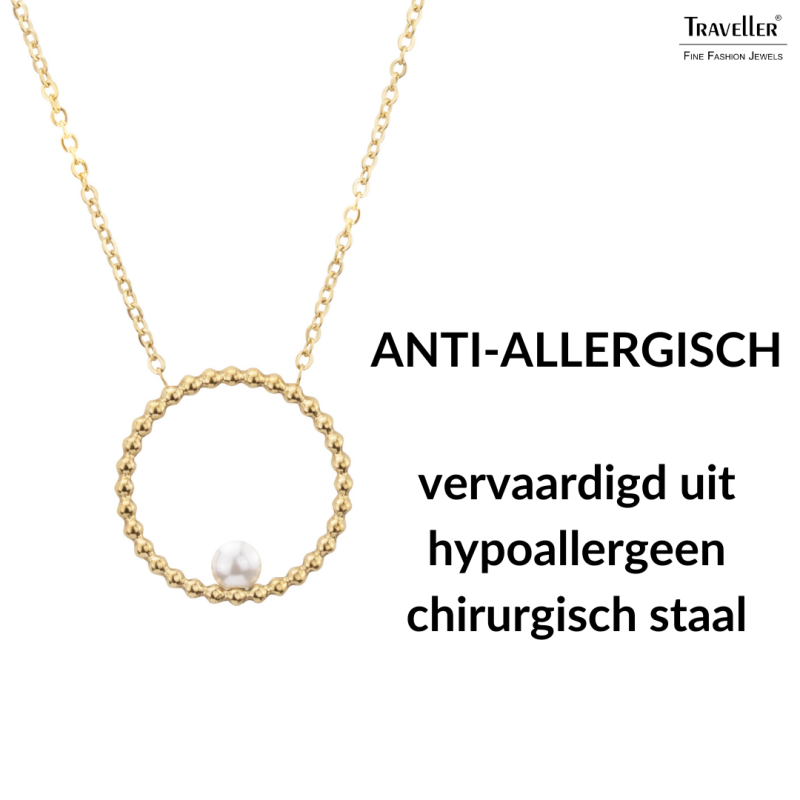 Traveller Necklace - Stainless Steel - Gold Plated - Freshwater Pearl - 4 mm - Pendant 25 mm - 45+5 cm - 181235