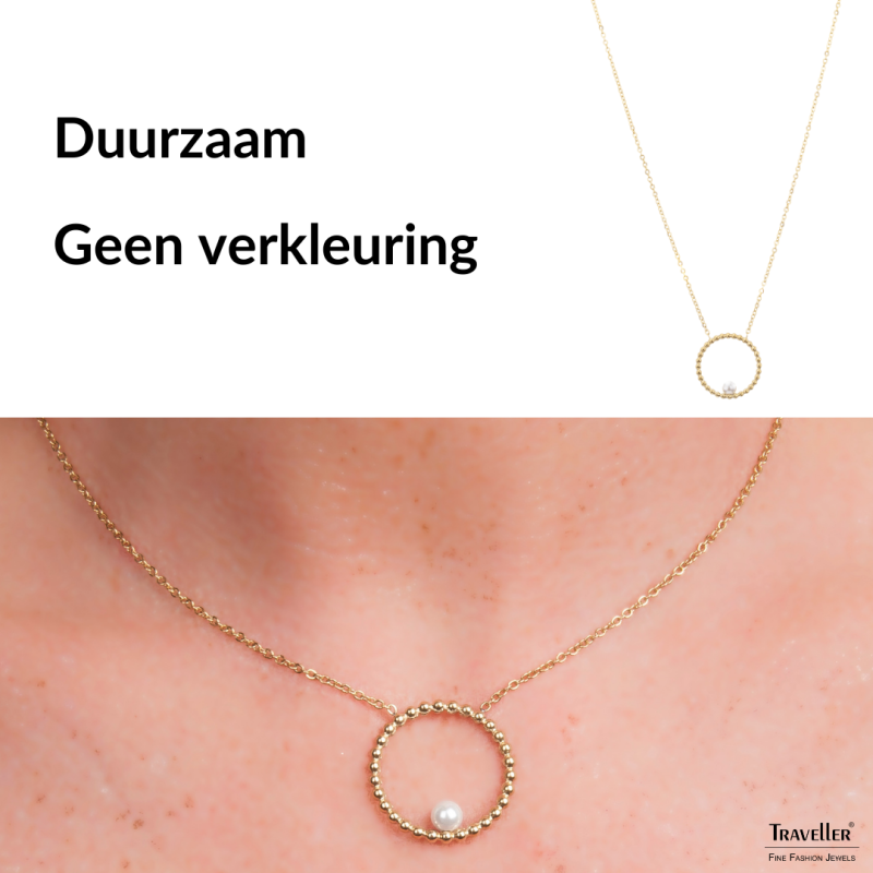 Traveller Dames Ketting - Edelstaal - Verguld - Zoetwater Parel - 4 mm - Hanger 25 mm - 45+5 cm