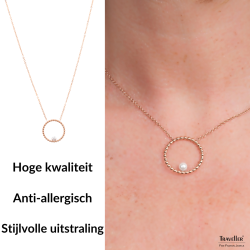 Traveller Dames Ketting - Edelstaal - Rosé Verguld - Zoetwater Parel - 4mm - Hanger 25 mm - 45+5cm