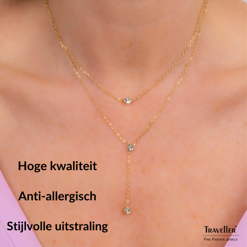 Traveller Ketting - Edelstaal - Verguld - Zirkonia - 2 Rijen - 38-42cm - 181238 Traveller Ketting - Edelstaal - Verguld - Zirkonia - 2 Rijen - 38-42cm - 181238