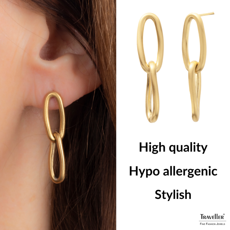 Traveller Drop Earrings - Gold Plated - Matted - Links - Stainless Steel - 30x7 mm
