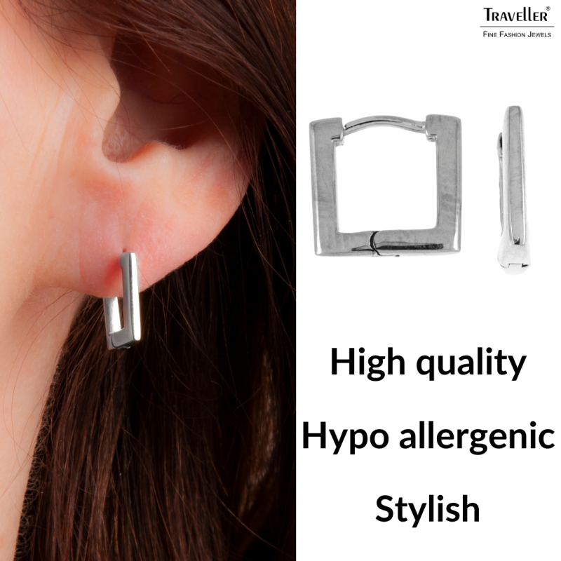 Traveller Hoop Earrings - Stainless Steel - Silver Coloured - Rectangle - 12 mm