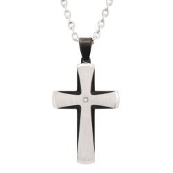 Traveller Cross Chain - Men - Necklace Men - Zirconia - Stainless Steel & Black - 50+5cm long