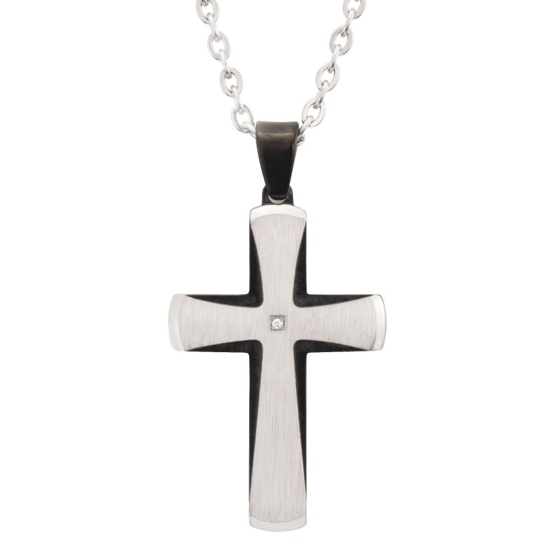 Traveller Cross Chain - Men - Necklace Men - Zirconia - Stainless Steel & Black - 50+5cm long