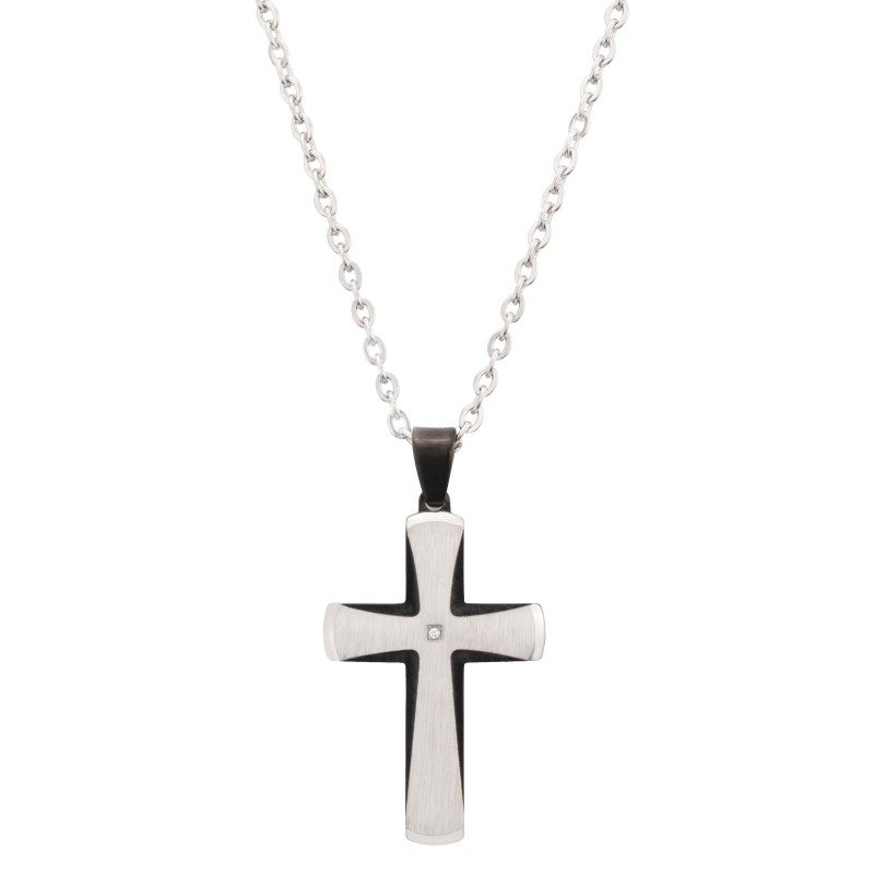 Traveller Kreuz - Anhänger mit Kette - Herren - Edelstahl - Zirkonia - Schwarz und Silber - Glänzend - 50+5cm - 181214